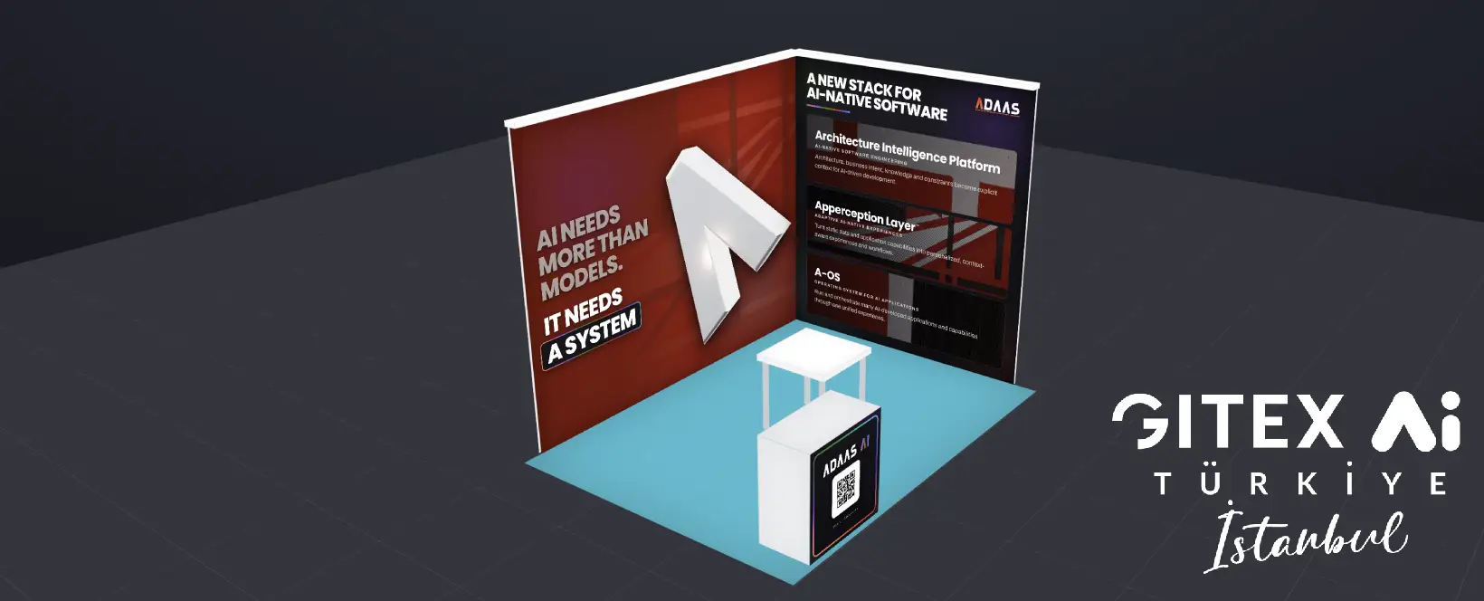 3D preview of the ADAAS booth for GITEX Türkiye 2026 generated with the booth-design preview tool